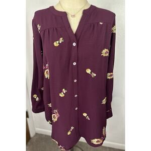 Fig And Flower Purple Peacock Feather And Flower Embroidered Button Down Plus 1X